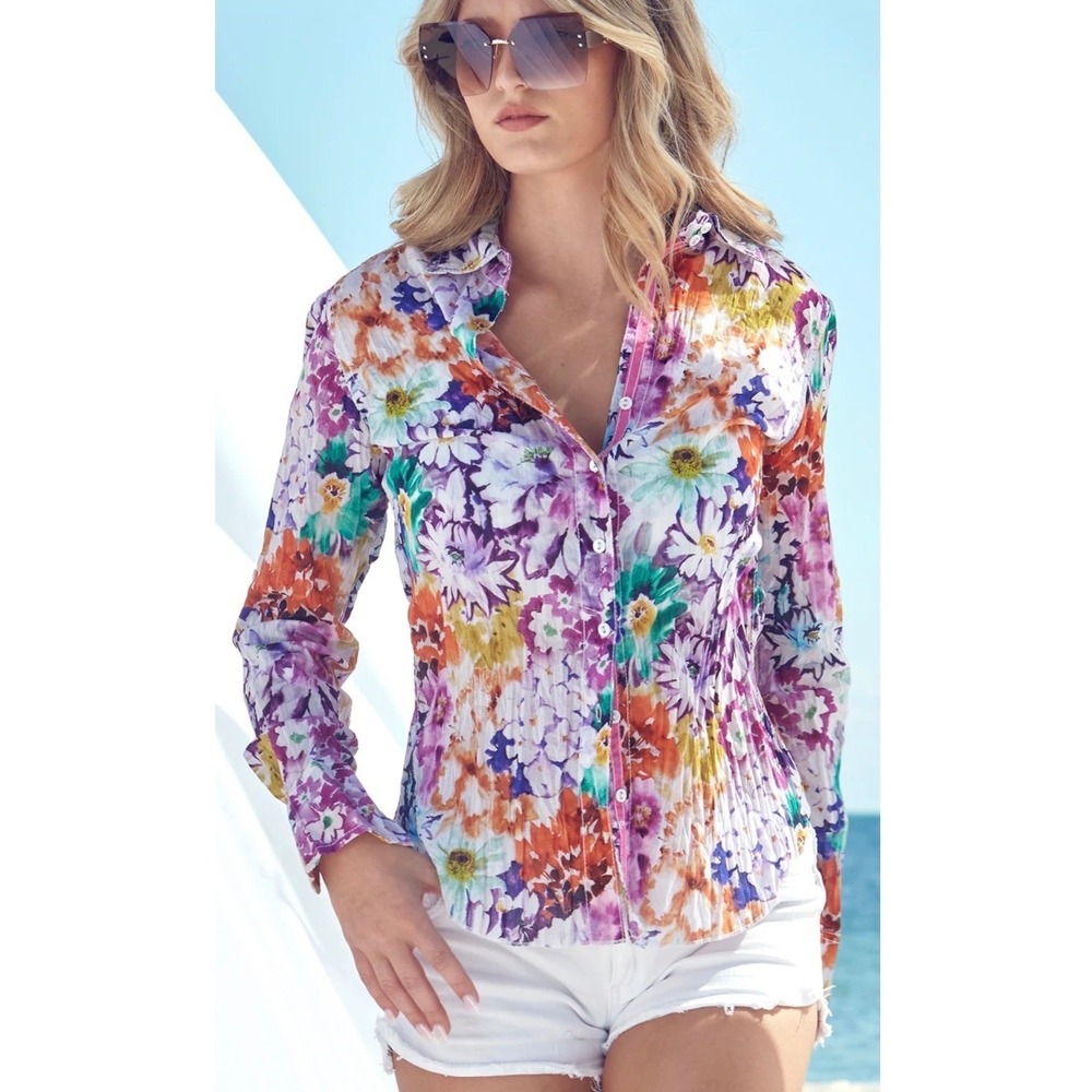 Cino | La Palma Citrus Button Down Shirt Floral Crinkle Sz M